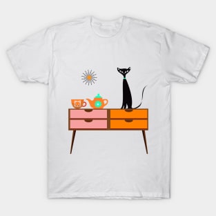 Mid Century Cat with a Cup of Tea Sitting on a Retro Table. T-Shirt